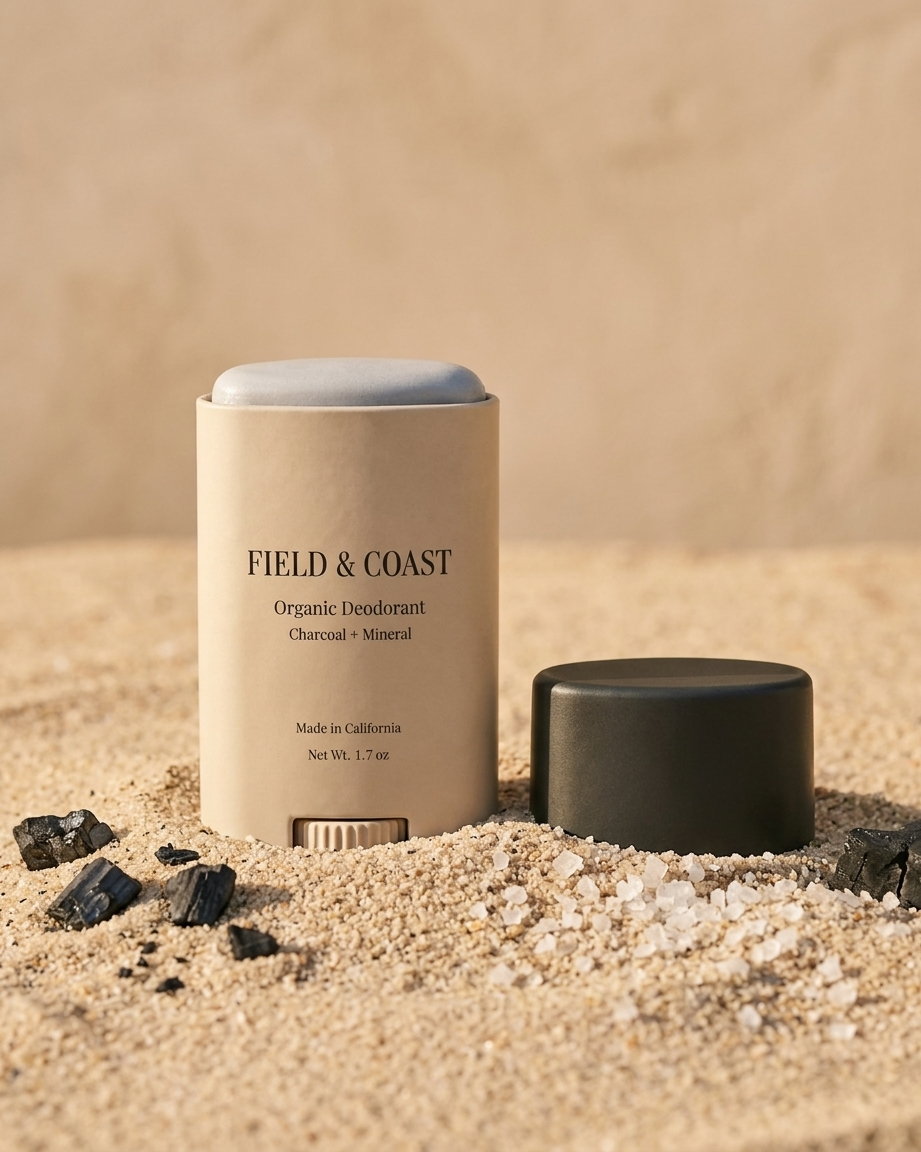 Field & Coast Organic Deodorant natural beach background